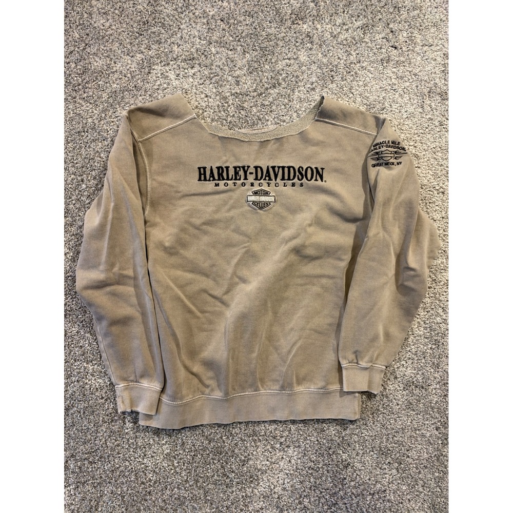 Harley-Davidson Sweatshirt Mens M* Tan Miracle Mile Great Neck NY Raw Cut Neck